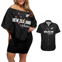 Custom Football New Zealand Couples Matching Off Shoulder Short Dress and Hawaiian Shirt Aotearoa United Black Version - Polynesian Pride