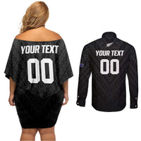 Custom Football New Zealand Couples Matching Off Shoulder Short Dress and Long Sleeve Button Shirt Aotearoa United Black Version - Polynesian Pride