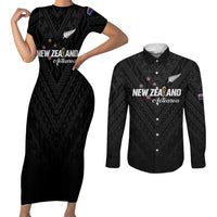 Custom Football New Zealand Couples Matching Short Sleeve Bodycon Dress and Long Sleeve Button Shirt Aotearoa United Black Version - Polynesian Pride