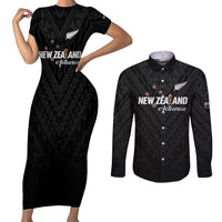Custom Football New Zealand Couples Matching Short Sleeve Bodycon Dress and Long Sleeve Button Shirt Aotearoa United Black Version - Polynesian Pride
