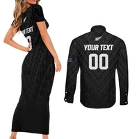 Custom Football New Zealand Couples Matching Short Sleeve Bodycon Dress and Long Sleeve Button Shirt Aotearoa United Black Version - Polynesian Pride
