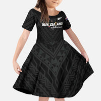 Custom Football New Zealand Family Matching Long Sleeve Bodycon Dress and Hawaiian Shirt Aotearoa United Black Version - Polynesian Pride