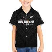 Custom Football New Zealand Family Matching Long Sleeve Bodycon Dress and Hawaiian Shirt Aotearoa United Black Version - Polynesian Pride