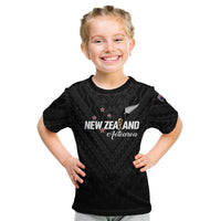 Custom Football New Zealand Kid T Shirt Aotearoa United Black Version - Polynesian Pride