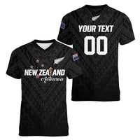 Custom Football New Zealand Women V-Neck T-Shirt Aotearoa United Black Version - Polynesian Pride