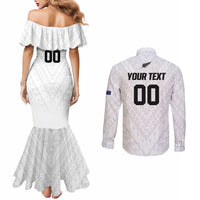 Custom Football New Zealand Couples Matching Mermaid Dress and Long Sleeve Button Shirt Aotearoa United White Version - Polynesian Pride