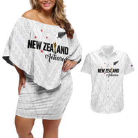 Custom Football New Zealand Couples Matching Off Shoulder Short Dress and Hawaiian Shirt Aotearoa United White Version - Polynesian Pride