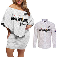 Custom Football New Zealand Couples Matching Off Shoulder Short Dress and Long Sleeve Button Shirt Aotearoa United White Version - Polynesian Pride
