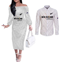 Custom Football New Zealand Couples Matching Off The Shoulder Long Sleeve Dress and Long Sleeve Button Shirt Aotearoa United White Version - Polynesian Pride
