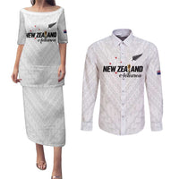 Custom Football New Zealand Couples Matching Puletasi and Long Sleeve Button Shirt Aotearoa United White Version - Polynesian Pride