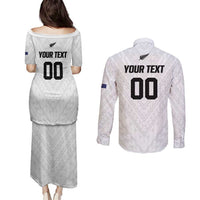 Custom Football New Zealand Couples Matching Puletasi and Long Sleeve Button Shirt Aotearoa United White Version - Polynesian Pride