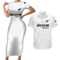 Custom Football New Zealand Couples Matching Short Sleeve Bodycon Dress and Hawaiian Shirt Aotearoa United White Version - Polynesian Pride