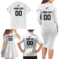 Custom Football New Zealand Family Matching Long Sleeve Bodycon Dress and Hawaiian Shirt Aotearoa United White Version - Polynesian Pride