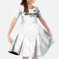 Custom Football New Zealand Family Matching Off The Shoulder Long Sleeve Dress and Hawaiian Shirt Aotearoa United White Version - Polynesian Pride