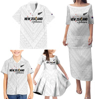 Custom Football New Zealand Family Matching Puletasi and Hawaiian Shirt Aotearoa United White Version - Polynesian Pride