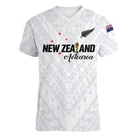 Custom Football New Zealand Women V-Neck T-Shirt Aotearoa United White Version - Polynesian Pride