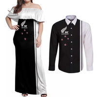 Personalised New Zealand 2025 Archery Basic Couples Matching Off Shoulder Maxi Dress and Long Sleeve Button Shirt Archery NZ LT01 Black - Polynesian Pride