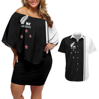 Personalised New Zealand 2025 Archery Basic Couples Matching Off Shoulder Short Dress and Hawaiian Shirt Archery NZ LT01 Black - Polynesian Pride