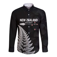 Personalised New Zealand 2025 Archery Long Sleeve Button Shirt Aotearoa Silver Arrows Black LT01 Unisex Black - Polynesian Pride