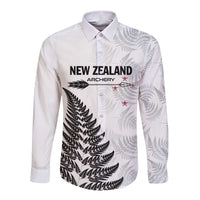 Personalised New Zealand 2025 Archery Long Sleeve Button Shirt Aotearoa Silver Arrows White LT01 Unisex White - Polynesian Pride