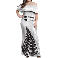 Personalised New Zealand 2025 Archery Off Shoulder Maxi Dress Aotearoa Silver Arrows White