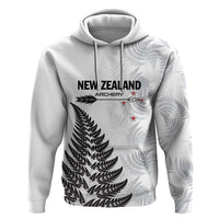 Personalised New Zealand 2025 Archery Zip Hoodie Aotearoa Silver Arrows White LT01 Pullover Hoodie White - Polynesian Pride