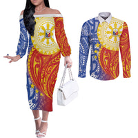 Philippines Couples Matching Off The Shoulder Long Sleeve Dress and Long Sleeve Button Shirt Pilipinas Polynesian Pattern