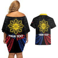 Personalized Philippines Independence Day Couples Matching Off Shoulder Short Dress and Hawaiian Shirt Filipino 126th Anniversary Sun Tattoo