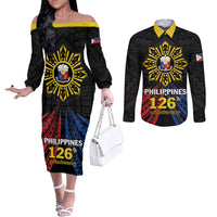 Personalized Philippines Independence Day Couples Matching Off The Shoulder Long Sleeve Dress and Long Sleeve Button Shirt Filipino 126th Anniversary Sun Tattoo
