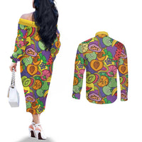 Hawaii Fruits Hippie Style Couples Matching Off The Shoulder Long Sleeve Dress and Long Sleeve Button Shirt Vibrant Colorful