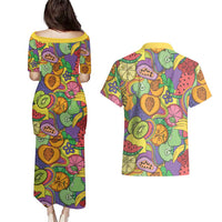 Hawaii Fruits Hippie Style Couples Matching Puletasi and Hawaiian Shirt Vibrant Colorful