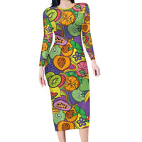 Hawaii Fruits Hippie Style Family Matching Long Sleeve Bodycon Dress and Hawaiian Shirt Vibrant Colorful