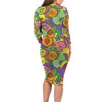 Hawaii Fruits Hippie Style Family Matching Long Sleeve Bodycon Dress and Hawaiian Shirt Vibrant Colorful