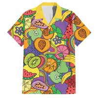 Hawaii Fruits Hippie Style Family Matching Off The Shoulder Long Sleeve Dress and Hawaiian Shirt Vibrant Colorful