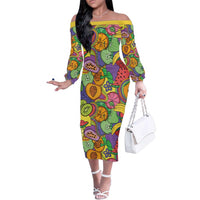 Hawaii Fruits Hippie Style Family Matching Off The Shoulder Long Sleeve Dress and Hawaiian Shirt Vibrant Colorful
