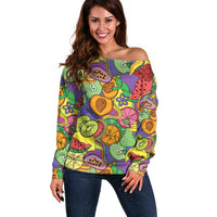 Hawaii Fruits Hippie Style Off Shoulder Sweater Vibrant Colorful LT01 Women Multicolor - Polynesian Pride