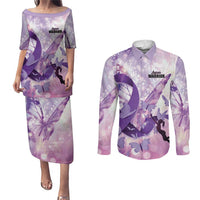 Personalized Polynesian Lupus Awareness Couples Matching Puletasi and Long Sleeve Button Shirt Butterfly Hologram Lupus Warrior LT01 Purple - Polynesian Pride