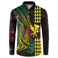 Hawaii Kakau Hammerhead Shark Button Sweatshirt Neon Plumeria Pattern LT01 Black - Polynesian Pride