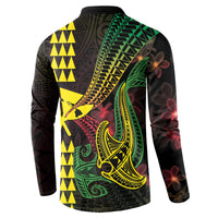 Hawaii Kakau Hammerhead Shark Button Sweatshirt Neon Plumeria Pattern LT01 - Polynesian Pride