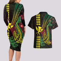 Hawaii Kakau Hammerhead Shark Couples Matching Long Sleeve Bodycon Dress and Hawaiian Shirt Neon Plumeria Pattern LT01 - Polynesian Pride