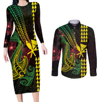 Hawaii Kakau Hammerhead Shark Couples Matching Long Sleeve Bodycon Dress and Long Sleeve Button Shirt Neon Plumeria Pattern LT01 Black - Polynesian Pride