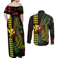 Hawaii Kakau Hammerhead Shark Couples Matching Off Shoulder Maxi Dress and Long Sleeve Button Shirt Neon Plumeria Pattern LT01 - Polynesian Pride