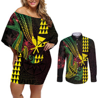 Hawaii Kakau Hammerhead Shark Couples Matching Off Shoulder Short Dress and Long Sleeve Button Shirt Neon Plumeria Pattern LT01 Black - Polynesian Pride