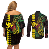 Hawaii Kakau Hammerhead Shark Couples Matching Off Shoulder Short Dress and Long Sleeve Button Shirt Neon Plumeria Pattern LT01 - Polynesian Pride