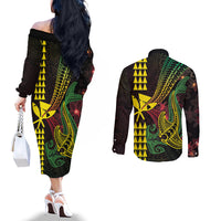 Hawaii Kakau Hammerhead Shark Couples Matching Off The Shoulder Long Sleeve Dress and Long Sleeve Button Shirt Neon Plumeria Pattern LT01 - Polynesian Pride