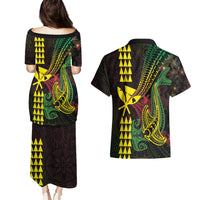 Hawaii Kakau Hammerhead Shark Couples Matching Puletasi and Hawaiian Shirt Neon Plumeria Pattern LT01 - Polynesian Pride
