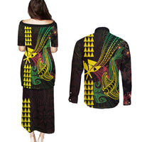 Hawaii Kakau Hammerhead Shark Couples Matching Puletasi and Long Sleeve Button Shirt Neon Plumeria Pattern LT01 - Polynesian Pride