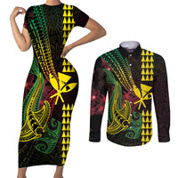 Hawaii Kakau Hammerhead Shark Couples Matching Short Sleeve Bodycon Dress and Long Sleeve Button Shirt Neon Plumeria Pattern LT01 Black - Polynesian Pride