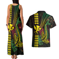 Hawaii Kakau Hammerhead Shark Couples Matching Tank Maxi Dress and Hawaiian Shirt Neon Plumeria Pattern LT01 - Polynesian Pride