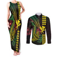 Hawaii Kakau Hammerhead Shark Couples Matching Tank Maxi Dress and Long Sleeve Button Shirt Neon Plumeria Pattern LT01 Black - Polynesian Pride